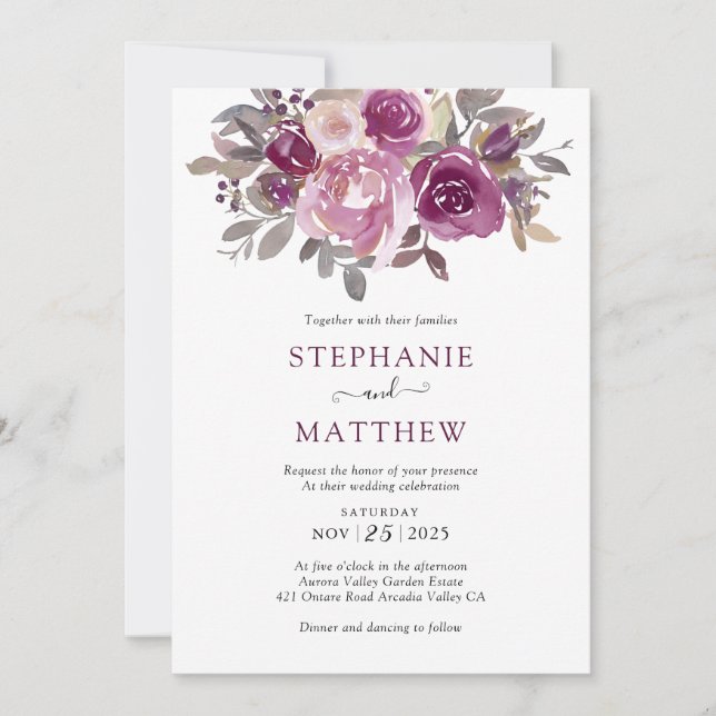 Convites Dusty Burgundy Blush Casamento Botânico (Frente)