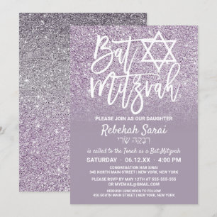 Convites Dusty Cinza Roxa Faux Glitter Ombre Bat Mitzvah