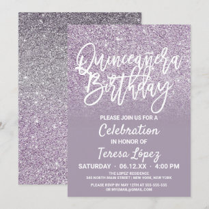 Convites Dusty Cinza Roxa Faux Glitter Ombre Quinceañera
