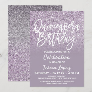 Convites Dusty Cinza Roxa Faux Glitter Ombre Quinceañera
