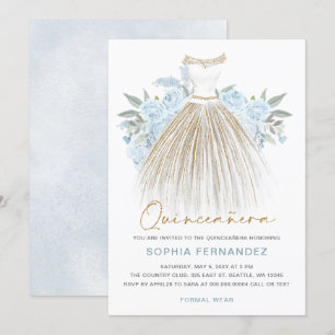 Convites Dusty Dourada dourada Vestido Floral Quinceañera