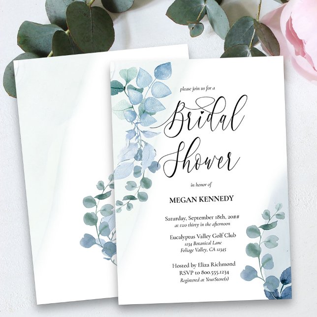 Convites Dusty Eucalyptus Elegante Chá de panela verde (Watercolor Bridal Shower Invitation with Dusty Blue Eucalyptus)