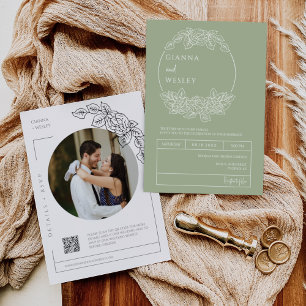 Convites Dusty Green Botanical Line Art Boho Código QR Foto