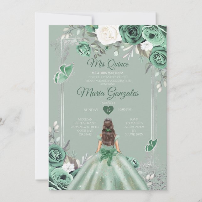 Convites Dusty Green Silver Mis Quince 15 Anos (Frente)