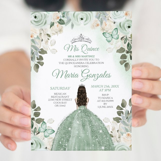 Convites Dusty Green & Silver Mis Quince Floral Quinceañera (Criador carregado)