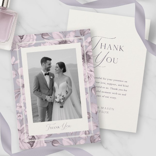 Convites Dusty Lavender Floral Wedding Photo Thank You Card (Criador carregado)