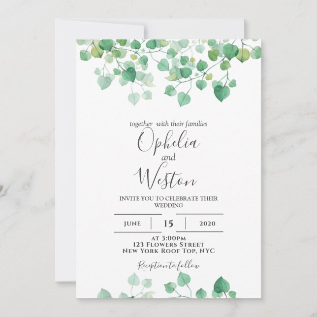 Convites Dusty Leaf Greenery Modern Wedding (Frente)