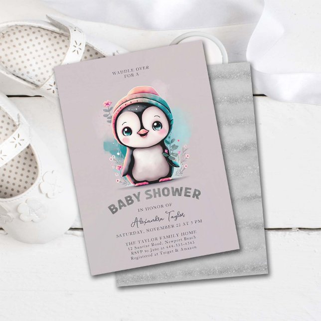 Convites Dusty Lilac Cute Penguin Winter Girl Chá de fralda (penguin baby shower invitation girl cute sweet adorable character watercolor winter cold outside)