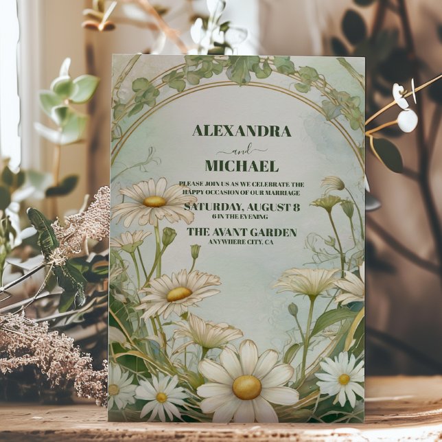 Convites Dusty Marguerite Daisy Wedding Art Nouveau (Criador carregado)