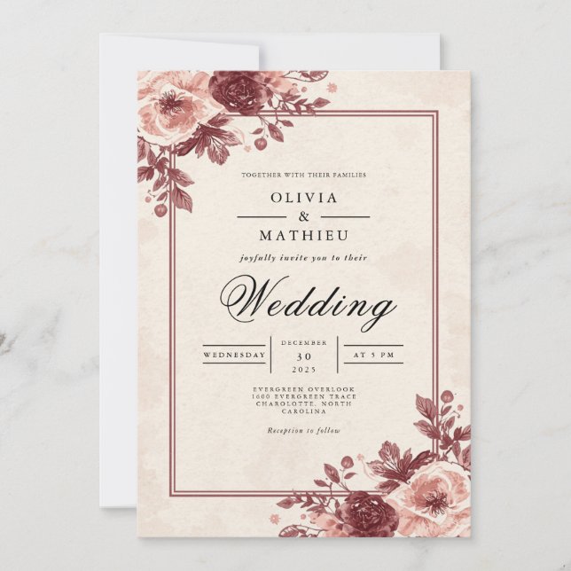 Convites Dusty Mauve Floral Frame Wedding (Frente)