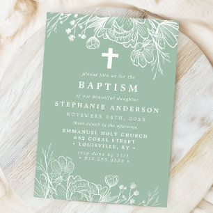 Convites Dusty Mint e White Floral Baptism