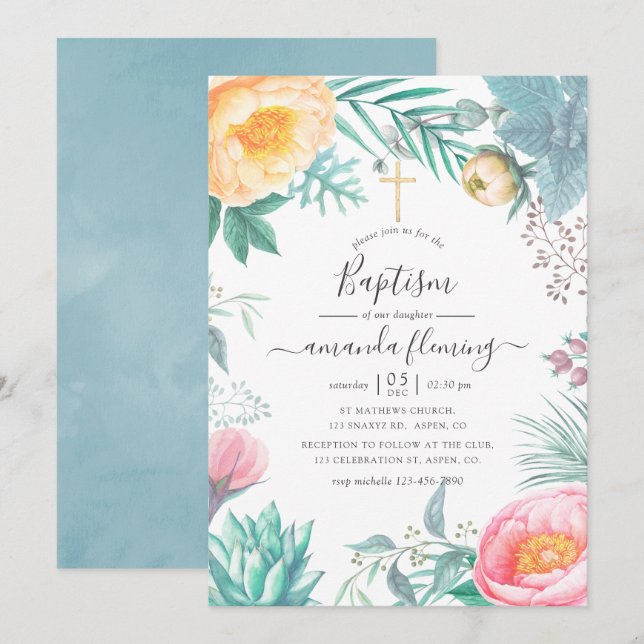 Convites Dusty Pastel Tropical Floral Baptismo (Frente/Verso)