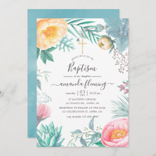 Convites Dusty Pastel Tropical Floral Baptismo