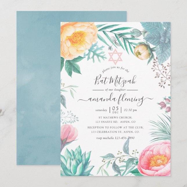 Convites Dusty Pastel Tropical Floral Summer Bat Mitzvah (Frente/Verso)