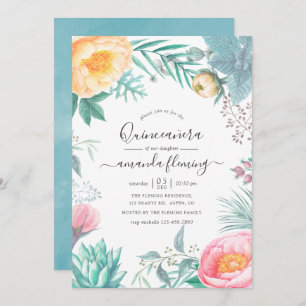 Convites Dusty Pastel Tropical Floral Summer Quinceañera