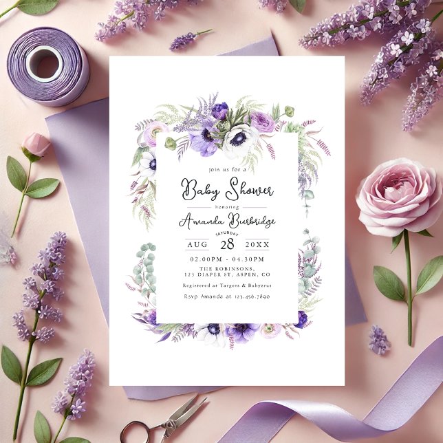 Convites Dusty Pastel Violet Watercolor Chá de fraldas (Dusty Pastel Violet Watercolor Floral Baby Shower Invitation)