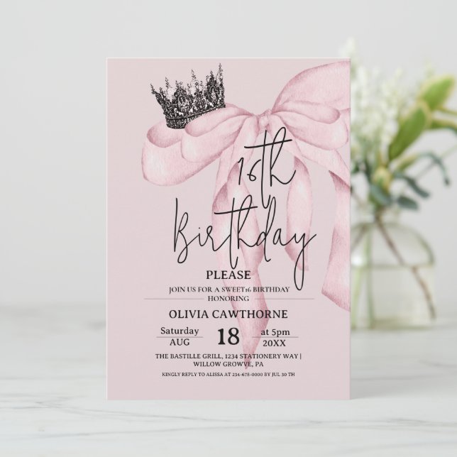 Convites Dusty Pink 16th Birthday ⎮Modern Bow Sweet 16 (Em pé/Frente)