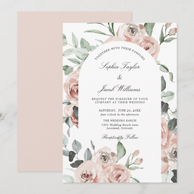 Convites Dusty Pink Blush Floral Eucalyptus Casamento (Frente/Verso)
