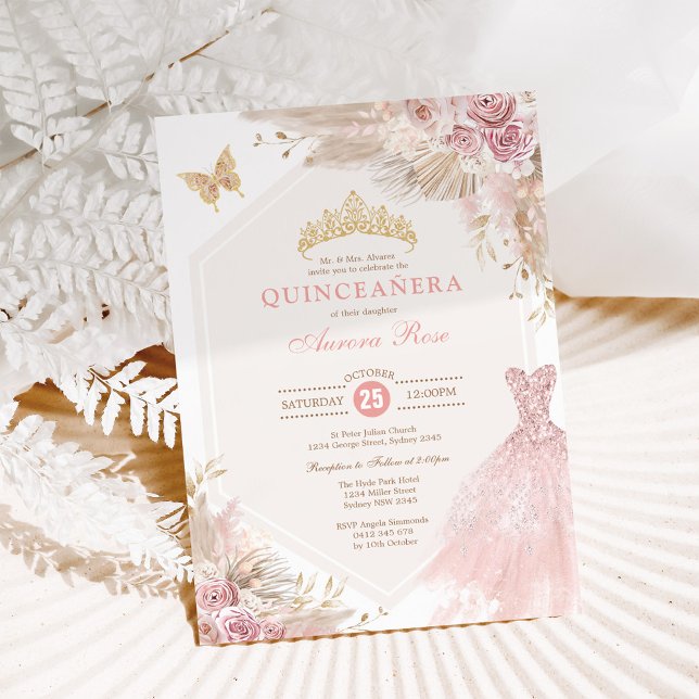 Convites Dusty Pink Boho Floral Quinceañera 15 Birthday (Criador carregado)