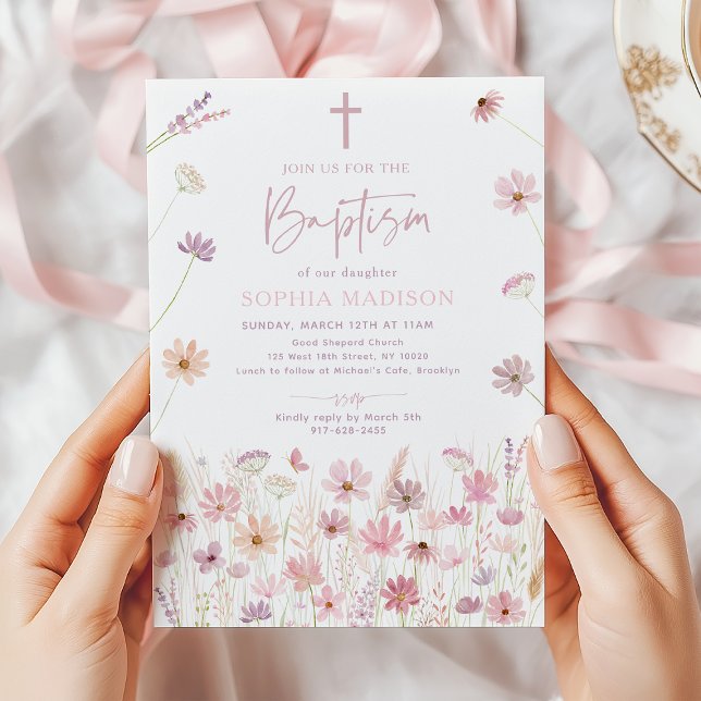 Convites Dusty Pink Boho Wildflower Baptism (Criador carregado)