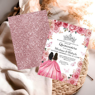 Convites Dusty Pink Borboleta Floral Gêmea Quinceanera
