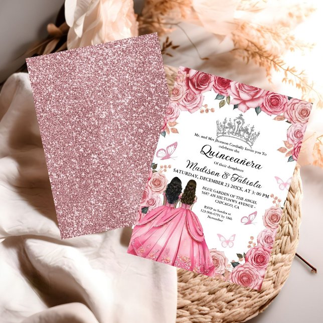 Convites Dusty Pink Borboleta Floral Gêmea Quinceanera (Criador carregado)