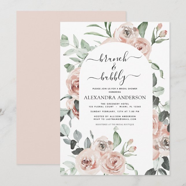 Convites Dusty Pink Brunch e Chá de panela Greenery (Frente/Verso)