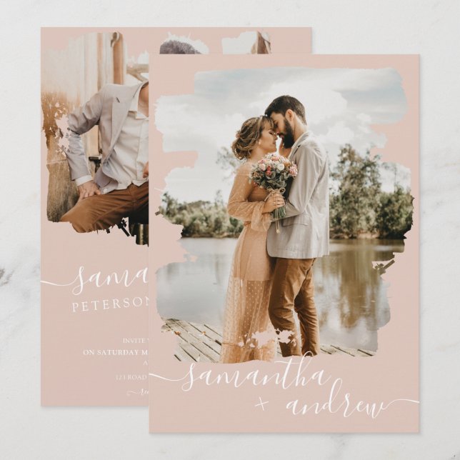 Convites Dusty pink brushaft script 2 fotos casamento (Frente/Verso)