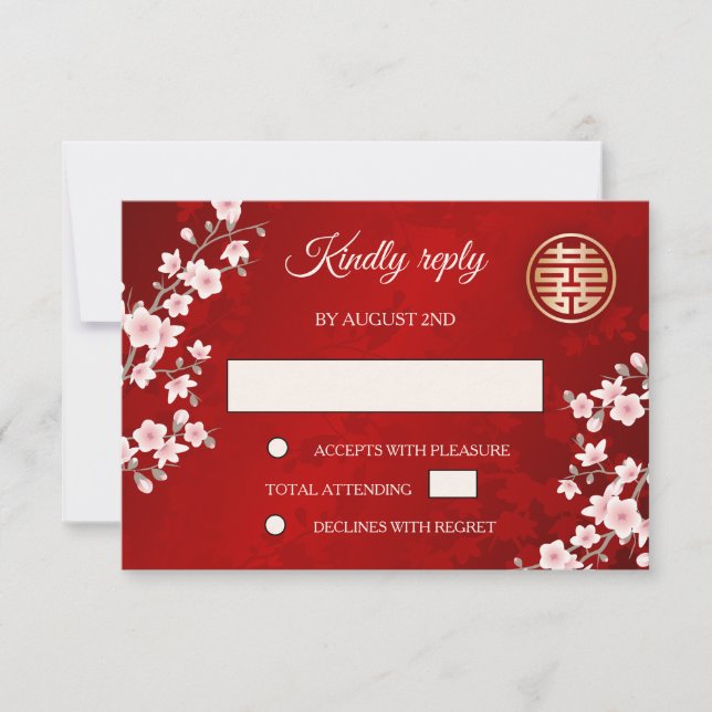 Convites Dusty PInk Cherry Blossom Red RSVP Casamento Chinê (Frente)