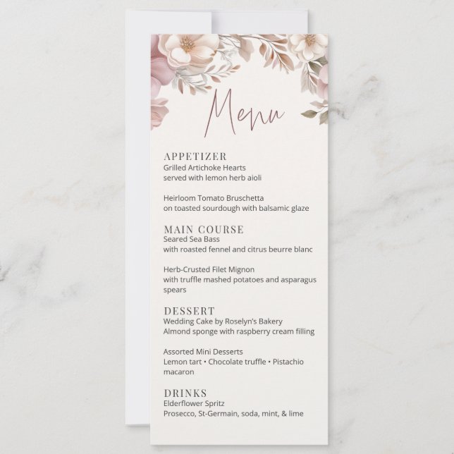 Convites Dusty Pink Cream Magnolia Floral Wedding Menu Card (Frente)