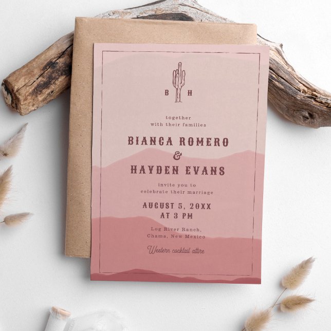 Convites Dusty Pink Desert Cactus Western Weding (Western wedding invitation with painted desert landscape and cactus illustration in dusty pink.)