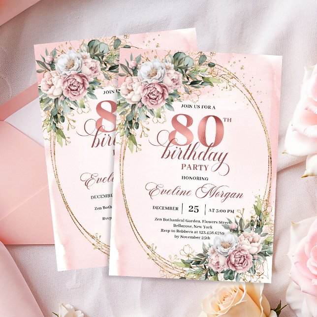 Convites Dusty Pink Eucalyptus 80th Birthday Invite Card (Dusty Pink Eucalyptus 80th Birthday Invite Card)