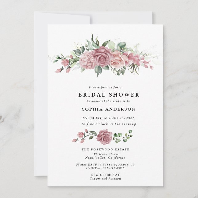 Convites Dusty Pink Floral Bridal Shower Invitation (Frente)