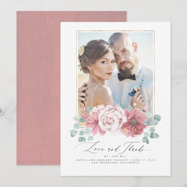 Convites Dusty Pink Floral Casamento Obrigado (Frente/Verso)