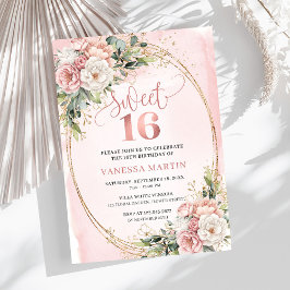Convites Dusty Pink Floral Greenery Sweet Sixteen Invites