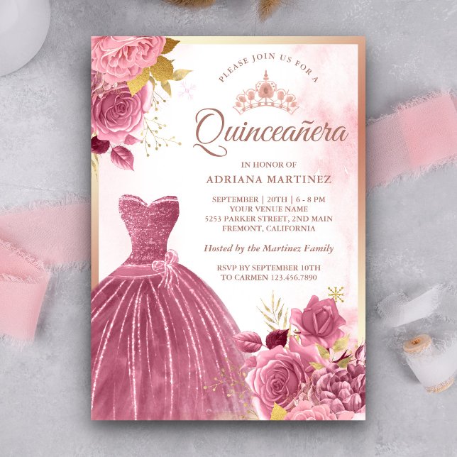 Convites Dusty Pink Floral Rosa Dourado Quinceanera (Criador carregado)