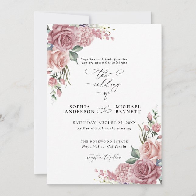 Convites Dusty Pink Floral Wedding Invitation (Frente)