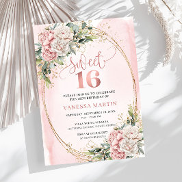 Convites Dusty Pink Flowers Eucalyptus Sweet 16 Invitation