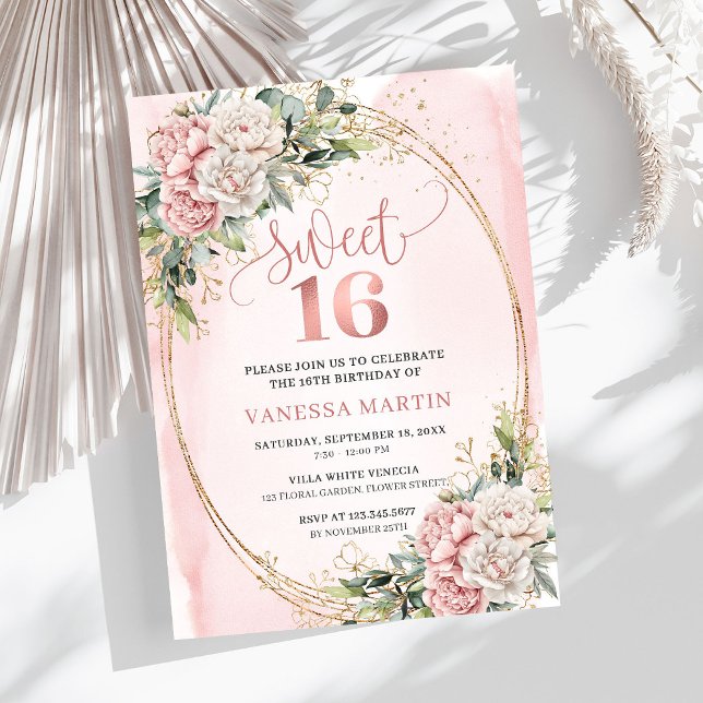 Convites Dusty Pink Flowers Eucalyptus Sweet 16 Invitation (Dusty Pink Flowers Eucalyptus Sweet 16 Invitation)