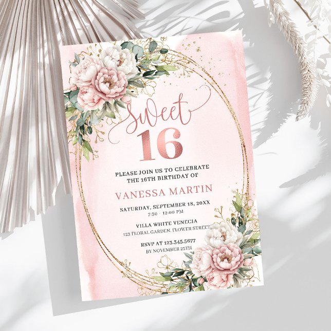 Convites Dusty Pink Flowers Eucalyptus Sweet 16 Invitation (Dusty Pink Flowers Eucalyptus Sweet 16 Invitation)