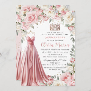 Convites Dusty Pink Ivory Floral Gown Quinceañera