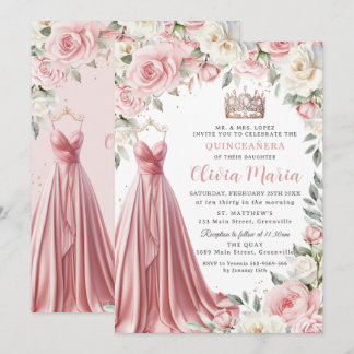 Convites Dusty Pink Ivory Floral Gown Quinceañera