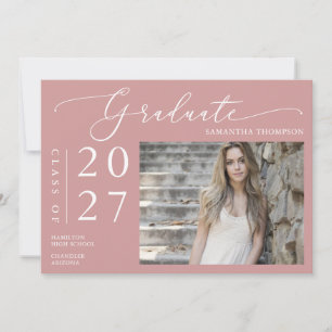 Convites Dusty Pink Minimal Script School Graduation Photo