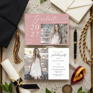 Convites Dusty Pink Minimal Script School Graduation Photo