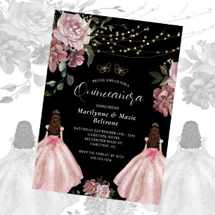 Convites Dusty Pink Princesa Floral Gêmeas Quinceañera
