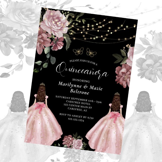 Convites Dusty Pink Princesa Floral Gêmeas Quinceañera (Criador carregado)