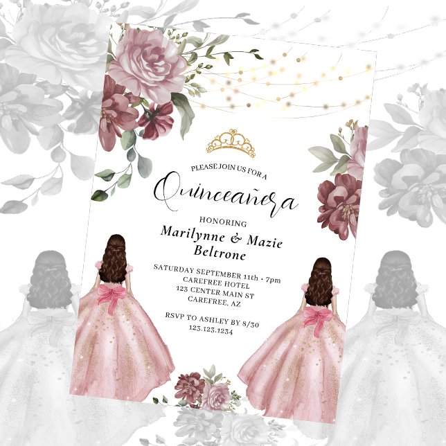 Convites Dusty Pink Princesa Floral Gêmeas Quinceañera (Criador carregado)
