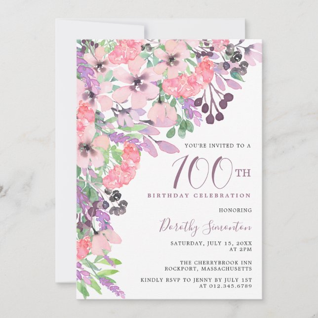 Convites Dusty Pink Purple Wildflower 100º Aniversário (Frente)