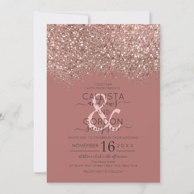 Convites Dusty Pink Rose Dourada Casamento de Confetti (Frente)