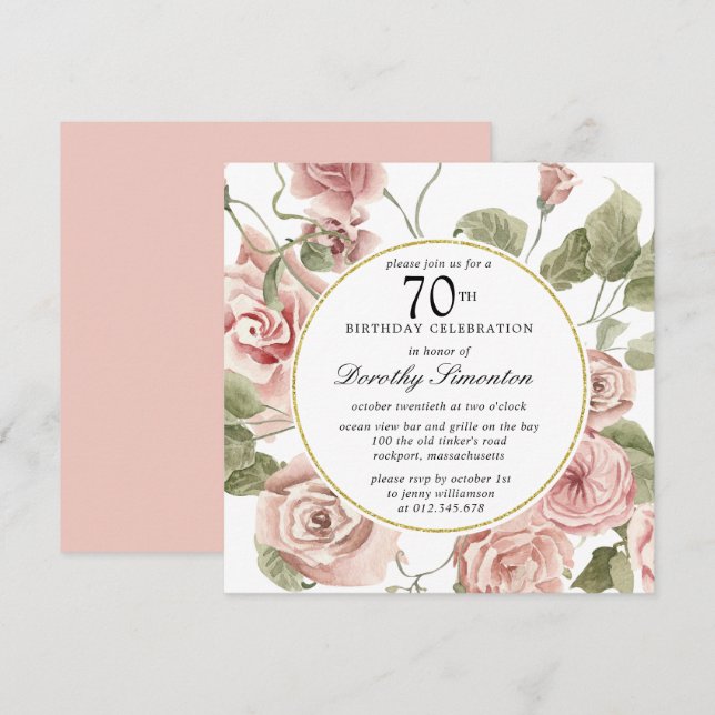 Convites Dusty Pink Rose Floral 70 Birthday (Frente/Verso)
